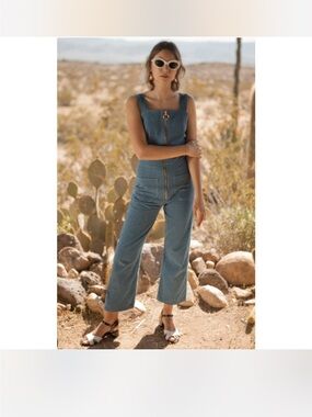 Blue Corduroy Wide-Leg Jumpsuit with Front Zip